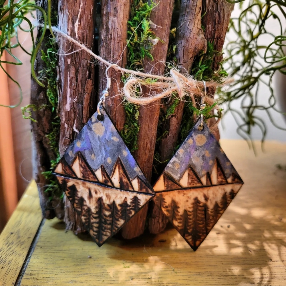 Handmade Big Mountain Starry Night Woodburned Earrings